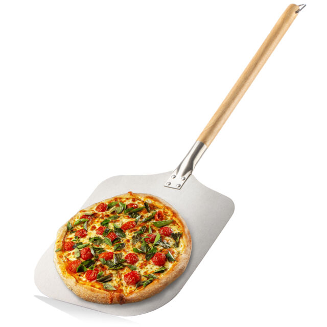 Pizzaschaufel aus rostfreiem Edelstahl 430 - Pizzaschieber mit Holzgriff