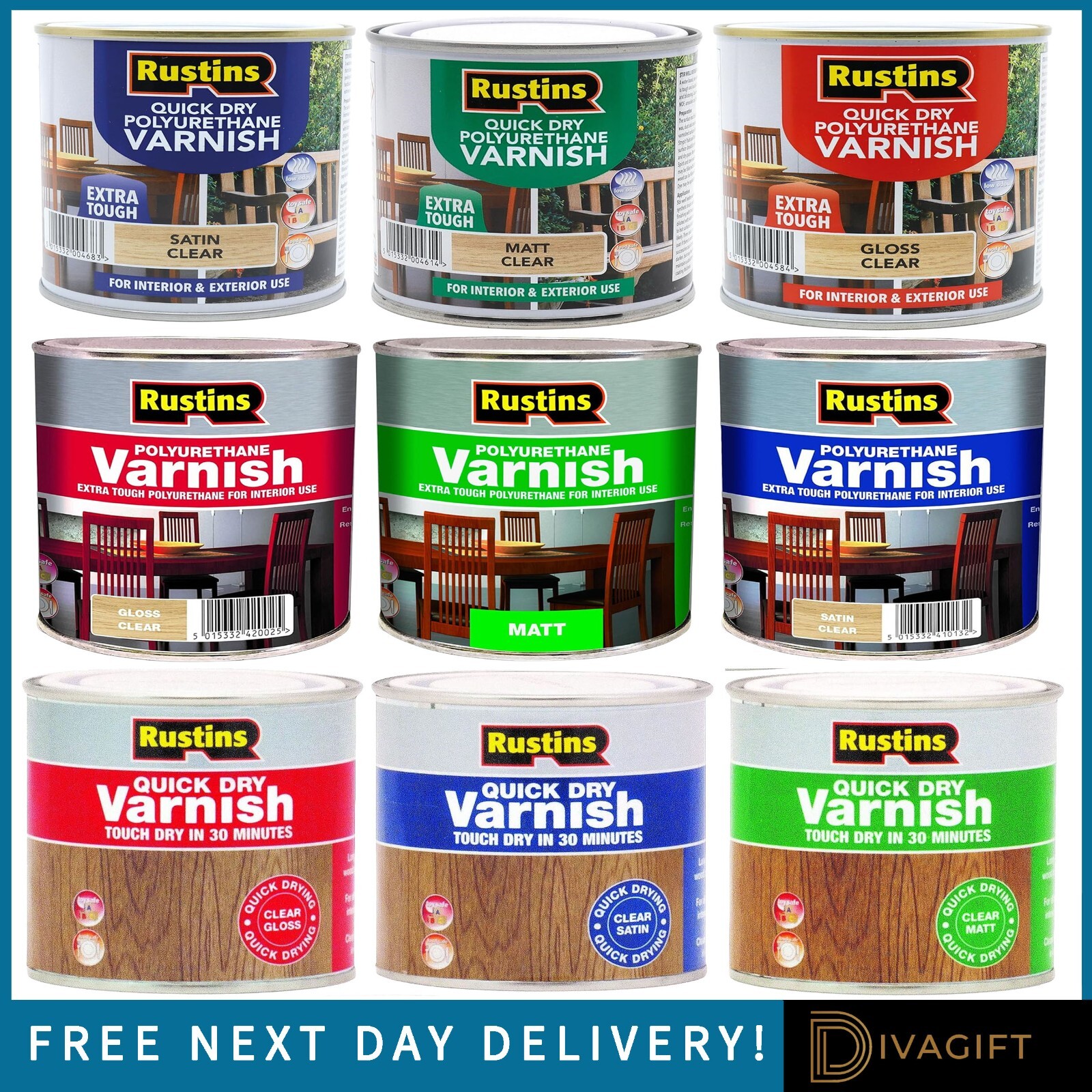 RUSTINS QUICK DRY POLYURETHANE GLOSS MATT SATIN VARNISH INTERIOR EXTERIOR USE