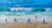 Beach with people Oil Painting Ocean shore Impressionist Artwork original Coast