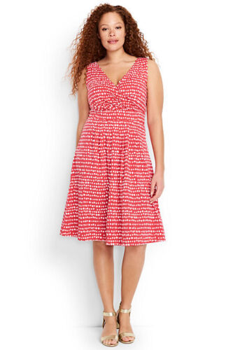 Lands End Women's Plus Fit and Flare Dress Crimson Dawn Dots New - Picture 1 of 3