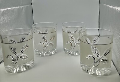 Set of 4 Vintage DeValBor Italian Covetro Frosted Gold Leaf Wheat Rocks Glasses