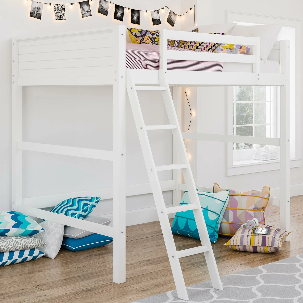 White wood full size loft bed deals