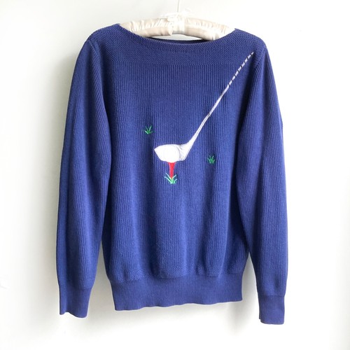 Northern Isles VTG Cotton Sweater sz L Golf Club Tee Off Applique Blue USA - Picture 2 of 10