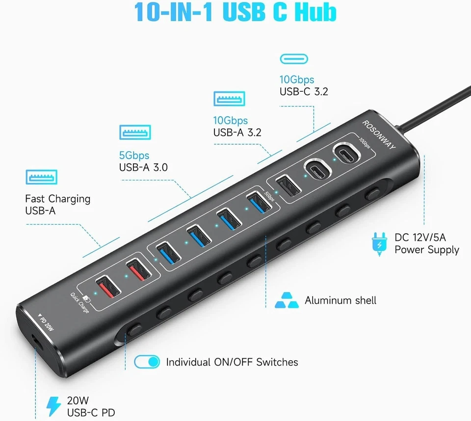 10-Port USB-C Hub with 3.3 ft Cable and Surge Protection - Image 4 of 4