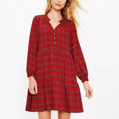 LOFT NEW Red Plaid Gold Metallic Weave Babydoll Shift Dress Women's Large Petite