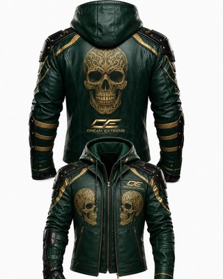 Dream Extreme Men's Hooded Leather Biker Jacket Zip Green Gold Skull Graphic 2XL