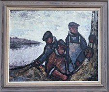 Roald Hansen 1938-2018 Männer mit Fischernetzen am Meer Maritimes Ölbild 94,5x80