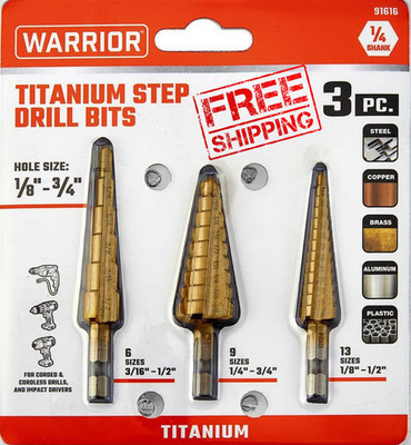 Warrior 3-Piece Step Drill Bit Set Titanium Nitride Coated HSS High Speed Steel