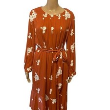 Floral Embroidered Midi Dress Long Sleeve Rust Orange Casual Fall