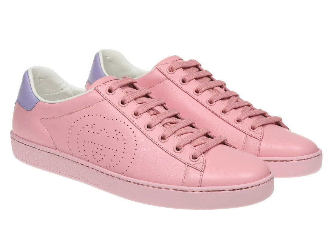 CHAUSSURES BASKETS BASSES NEUVES GUCCI WILD ROSE LOGO CUIR ROSE 37,5/US 7,5