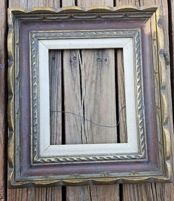 Vtg Mcm Rustic Ornate Carved Wood Maroon Picture Frame Mexico  Art 8.5'' X 10.5''