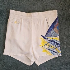 Vtg 40s 50s Catalina Hand Print Rayon Sailboat Fisherman Swim Trunks Shorts 32 M