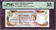 BELIZE 20 DOLLARS Banknote 1980 Zustand II  aUNC qFDS S/N T2/029415 P. 41 PMG 55