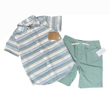 Eddie Bauer Sage Green White Blue Collar Button Shirt Shorts Set NWT 6 Linen