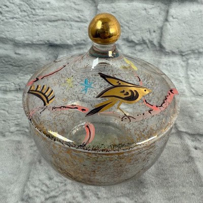 VTG L Magnin Department Store 6'' Dusting Powder Glass Jar W Lid Painted Birds