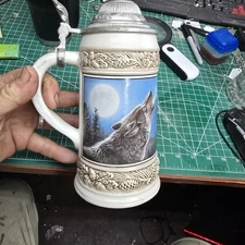 Vintage German Beer Mug With Wolves On It