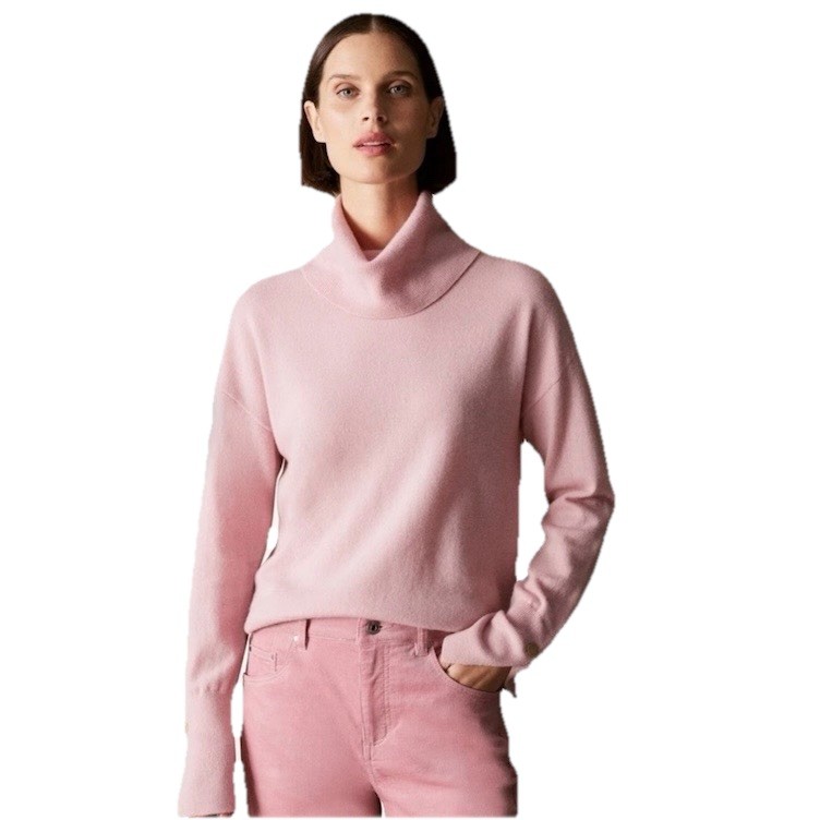 Trenery Merino Wool Blend Roll Neck Jumper XS Blush Pink Relaxed Button Detail
