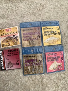 Barbless Carp fish hooks various and packet of barbed sweetcorn