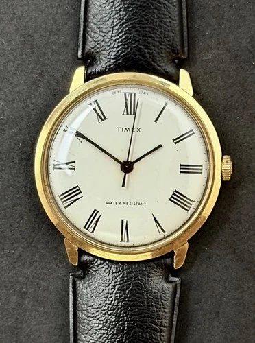 Vtg 1976 TIMEX Marlin Mens 36mm Mechanical Watch Gold White Dial Roman Numerals