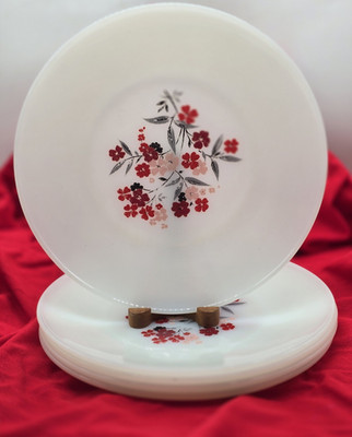 Vtg Fire-King Ovenware Milk Glass Primrose 9'' Plates Lot of 5 White Pink Floral