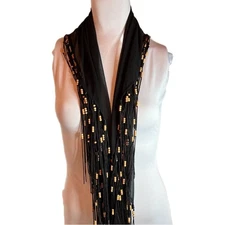 Cejon Black Sheer Wooden Beaded Boho Fashion Fringe Large Scarf Wrap