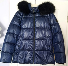 DKNY Glossy Blue Hooded Black Faux Fur Trim Puffer Jacket Women's Size S