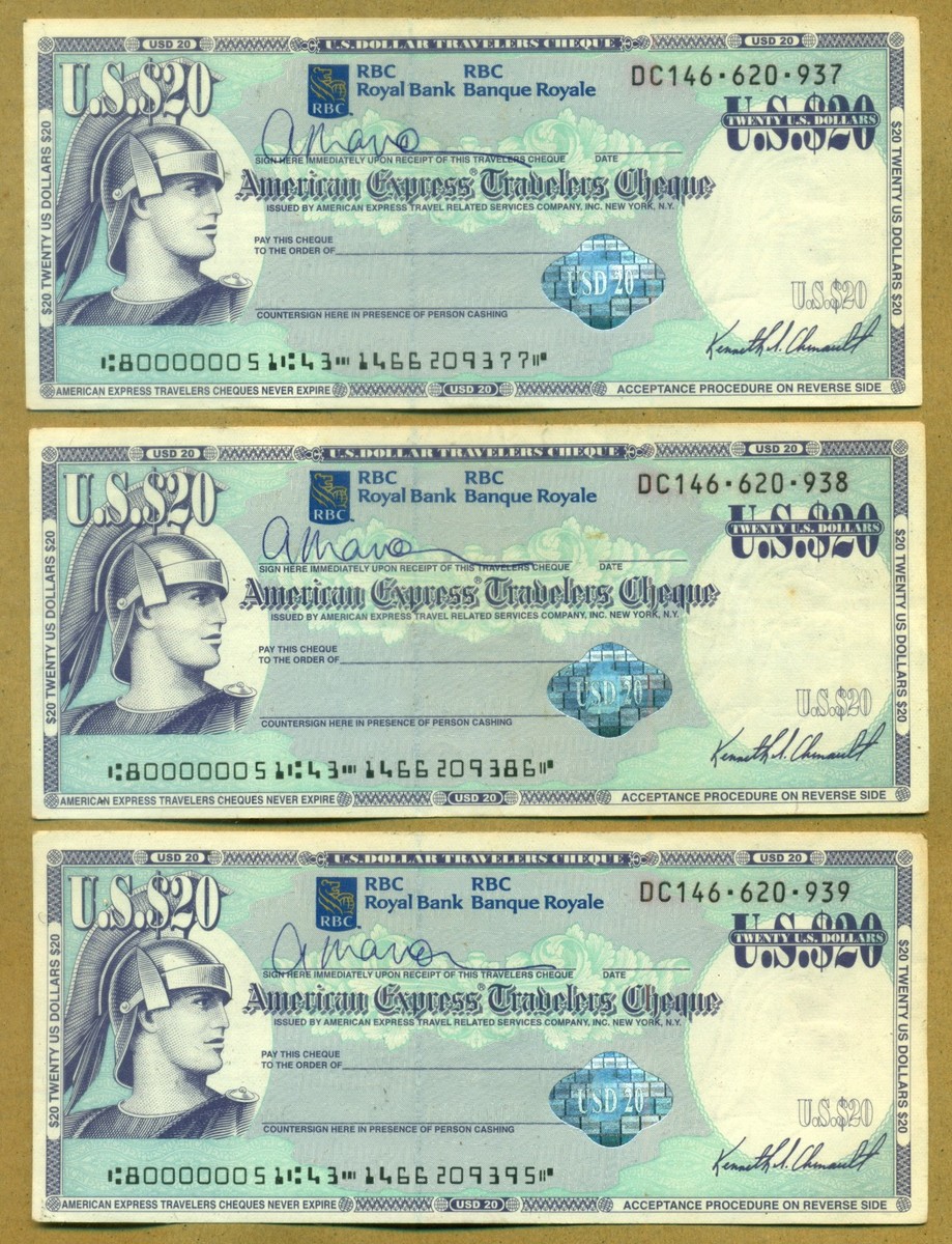 American Express Travellers Cheque $20 Lot of 7 Consecutive notes