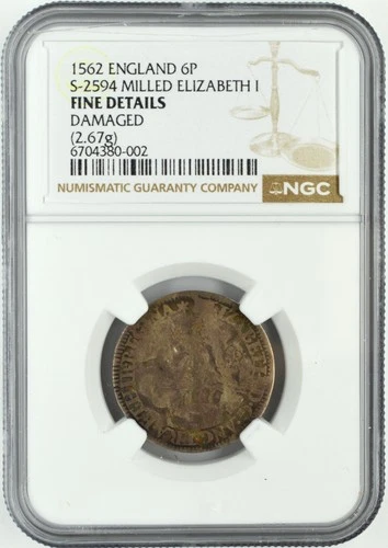 1562 2.67g ENGLAND 6P SIXPENCE S-2594 MILLED ELIZABETH I NGC FINE DETAILS