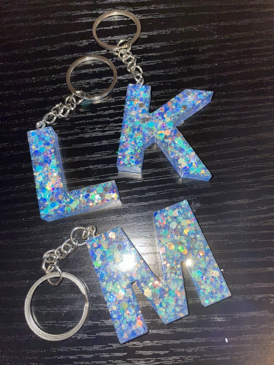 ~Handmade Glitter Resin Initial Keychain ~Glow In The Dark ~Choose Letter  ~Blue