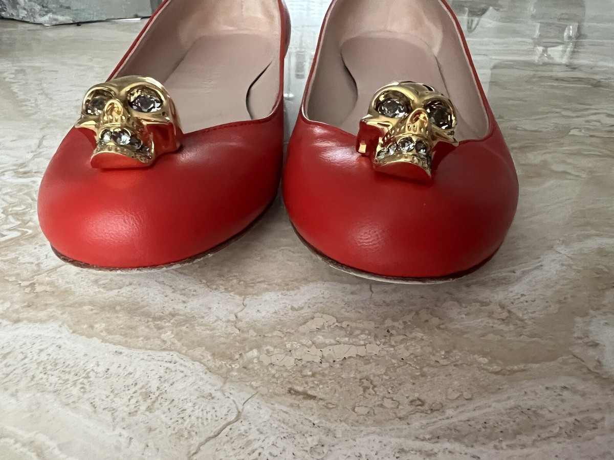Alexander McQueen Red Orange Ballerina Flat Shoes Gold Skull