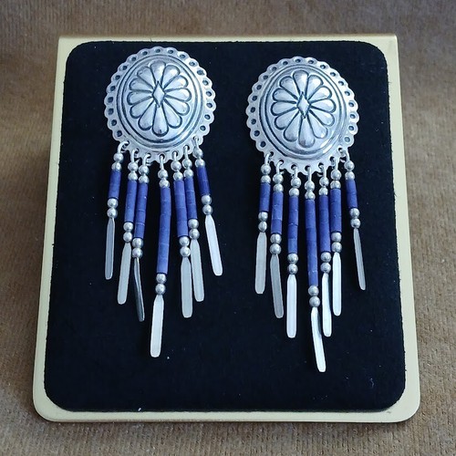 925 Sterling Silver Decorative Concho & Beaded Purple Dangle Earrings- 2 1/2" L - Picture 4 of 8