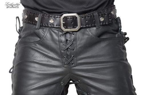 "Pantaloni con lacci laterali e interni in pelle nera ""Red Balls on fire"" morbidi pelle di mucca" - Foto 5 di 10