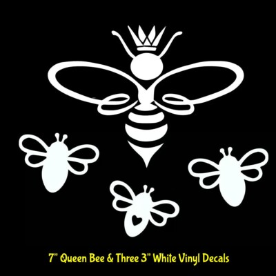 Queen Bee 7'' & Three Mini Bees White Vinyl Decal Car Truck Camper Van Trailer