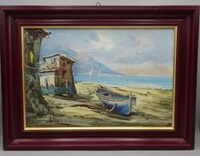 Gemälde Öl auf Holz: Fischerhütte + Fischerboot am Strand Ölgemälde Maritim sig.