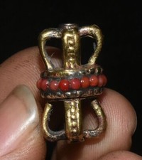 1.5CM Old Tibetan Silver Inlay Bronze Coral Phurba Dagger Holder Amulet Pendant