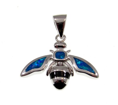 Solid 925 Sterling Silver & Blue Lab Created Opal Bumblebee Bumble Bee Pendant