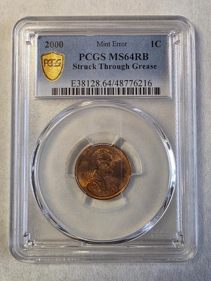 2000 LincolnCent PCGS MS64RB MintError:Struck Through Grease Gold Shiel TrueView - Image 2 of 4