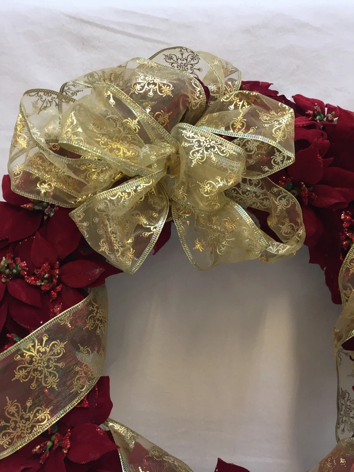 Seasonal  18" Wreath Velvet Faux Poinsettia W. Gold Tone Wire Edged Ribbon - Image 4 of 4
