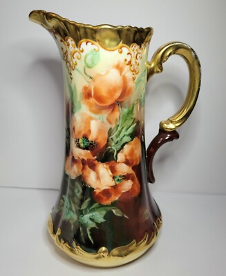 Antique T&V Limoges Pickard Hand Painted Poppies Pitcher artist signed 10 7/8 in