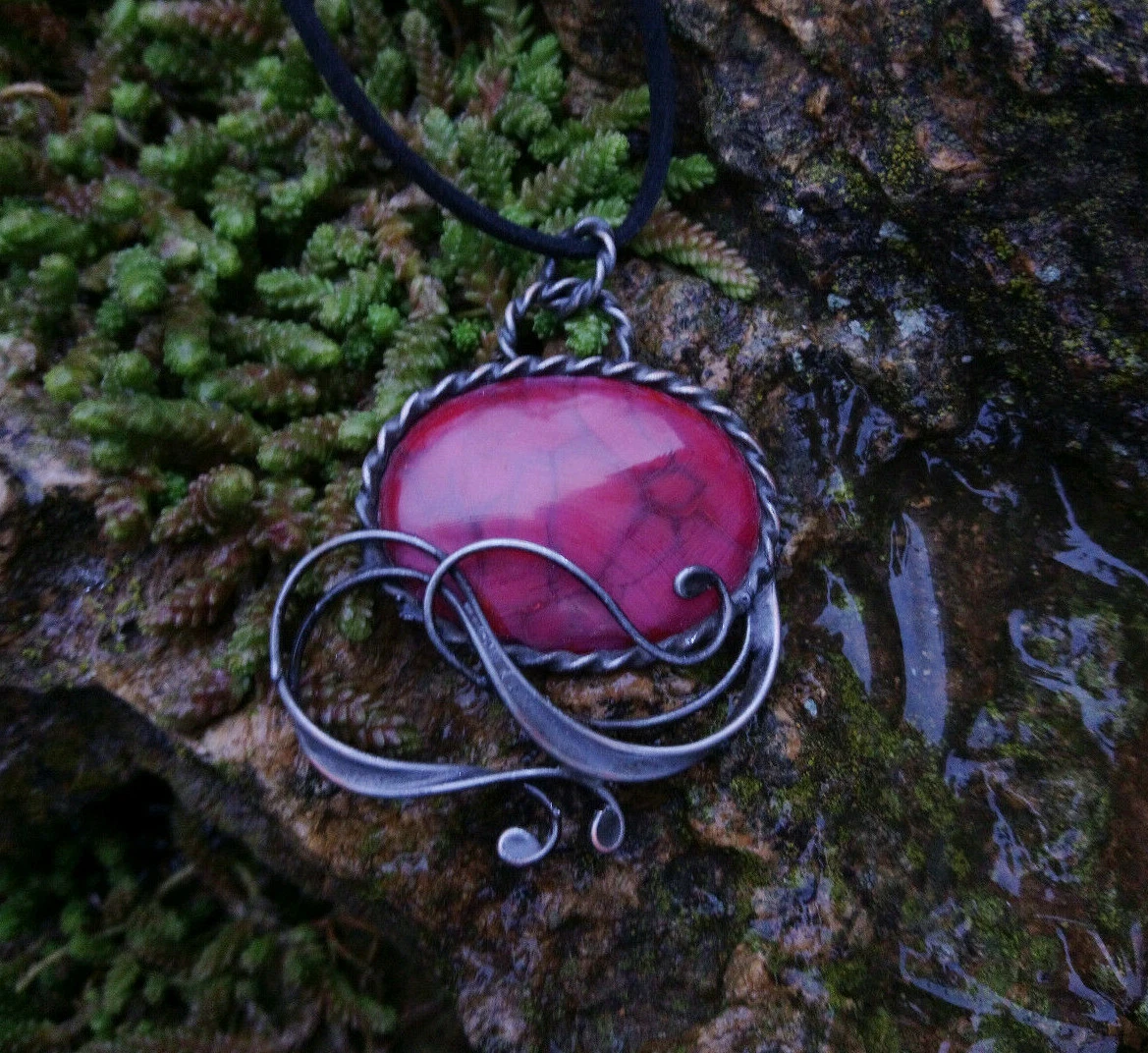 Agate pendant Tiffany technique tin copper necklace like old silver jewelry gift