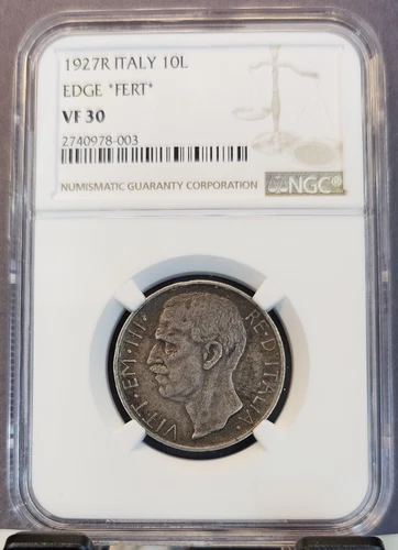 1927 ITALY SILVER 10 LIRE EDGE *FERT* EMANUELE III NGC VF 30