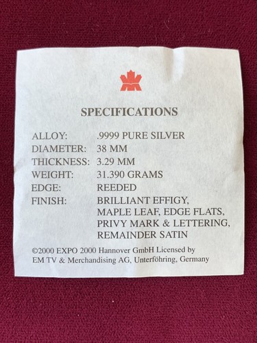 2000 Canada $5 Silver Maple Leaf w/ Expo 2000 Hannover Privy Mark + Box & CoA - Picture 4 of 6