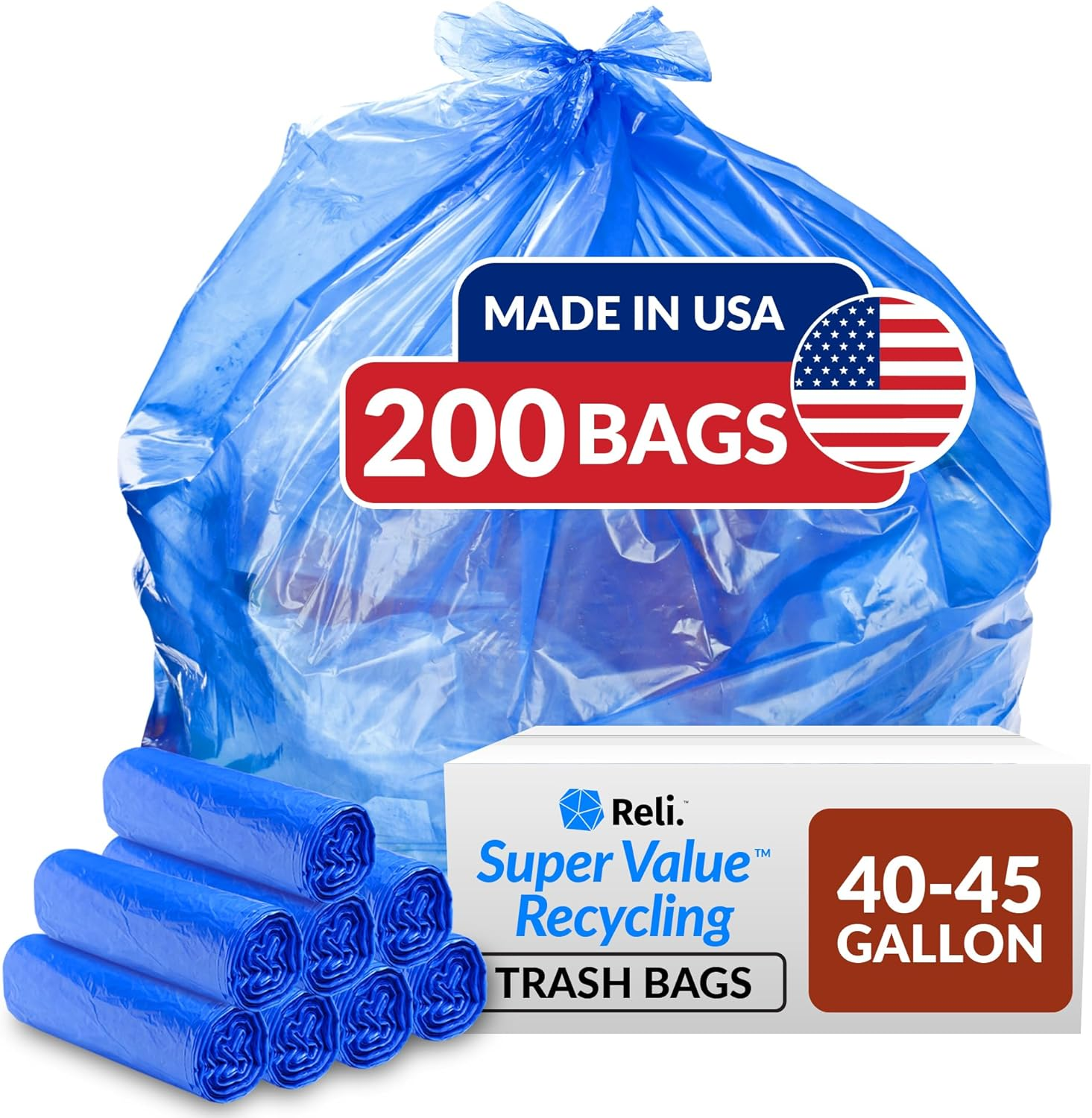 Supervalue 40-45 Gallon Recycling Bags | 200 Count | Blue Trash Bags | Made in t