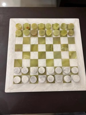 Green Onyx Checkers & Chess Set, Natural Stone Game Board, Luxury Handmade Onyx
