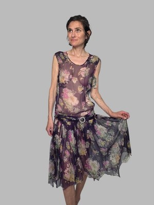 Authentic 1920s Floral Chiffon Dress & Jacket Set | Antique Flapper Ensemble...