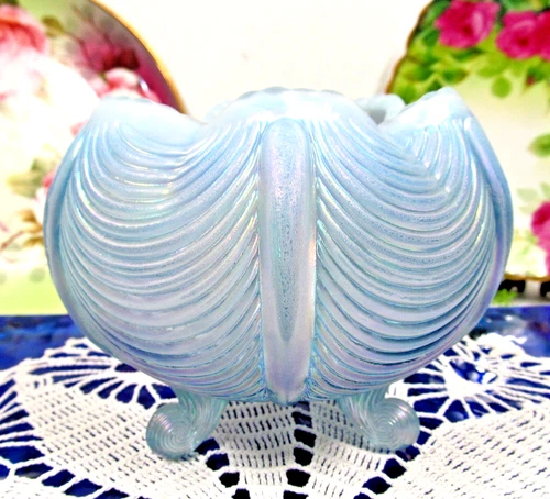 Fenton Blue Opalescent Glass Three Footed Rose Bowl Vase Drape