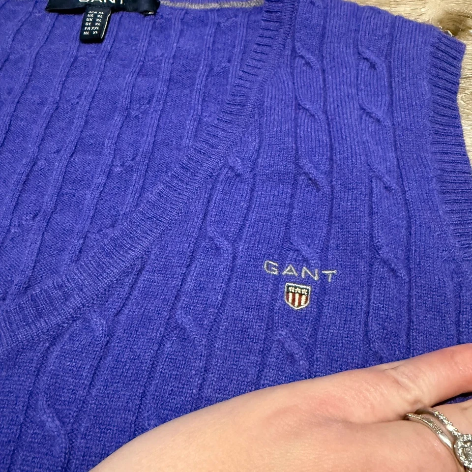 Gant Cable Knit Sweater Vest Tank Top Lambs Wool Purple XL - Image 2 of 4