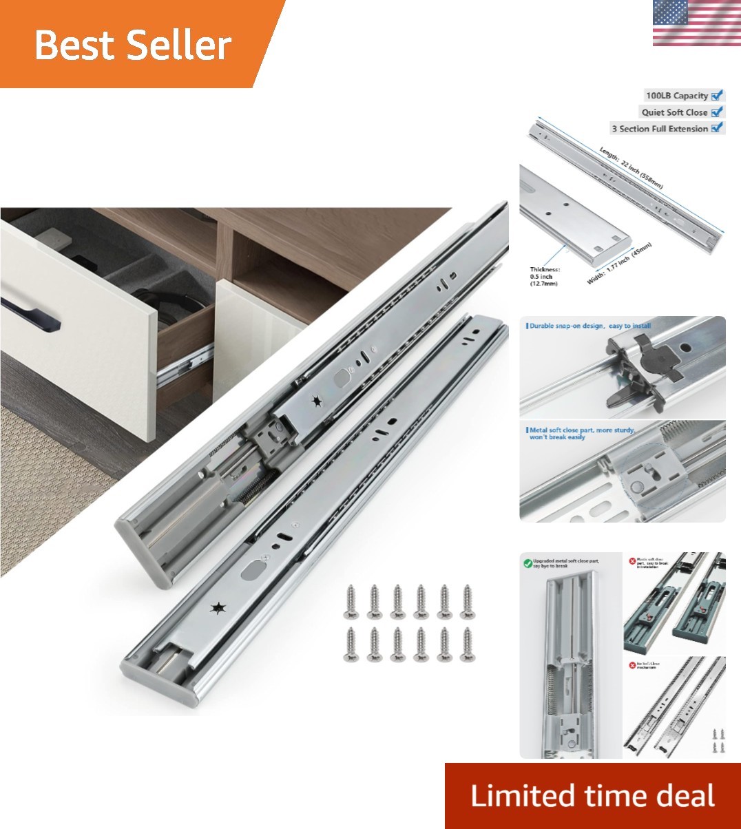 - 22 Inch Heavy Duty, 100lb Capacity