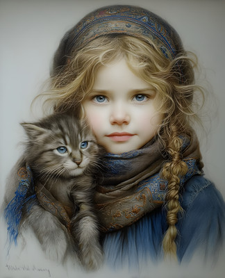 8x10 Cozy Storybook Little Girl with Cat Art Print Cottagecore - 434920682