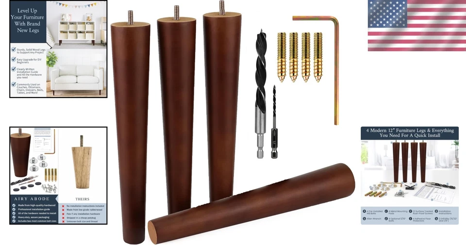 Kit de patas de muebles de nogal personalizables - 12 pulgadas redondas para todo tipo de muebles Foto 2 de 4